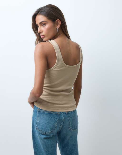 ASOS DESIGN geripptes Trägertop mit U-Ausschnitt und Knopfleiste in Biscuit, 5 von 5