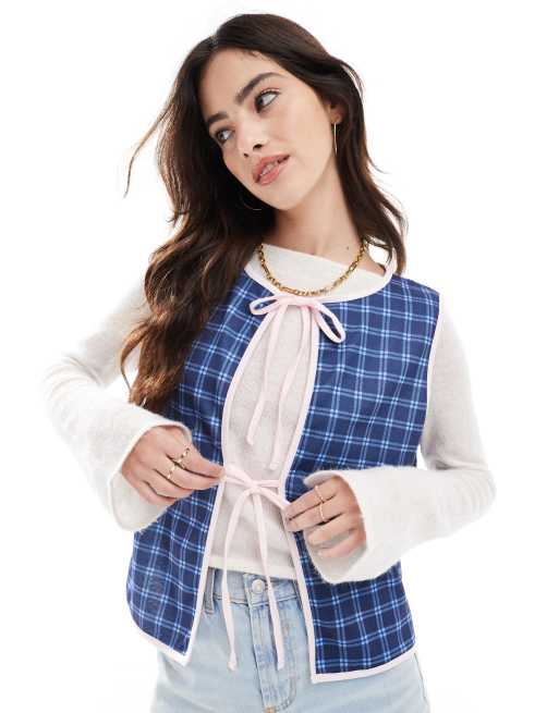 ASOS DESIGN - Geruit gilet met gestrikte voorkant in marineblauw