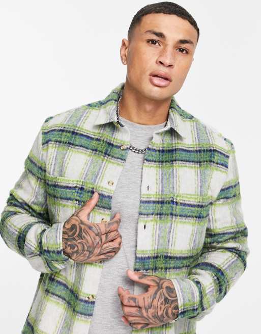 ASOS DESIGN - Geruit overshirt van geborstelde wolblend in grijs en blauw