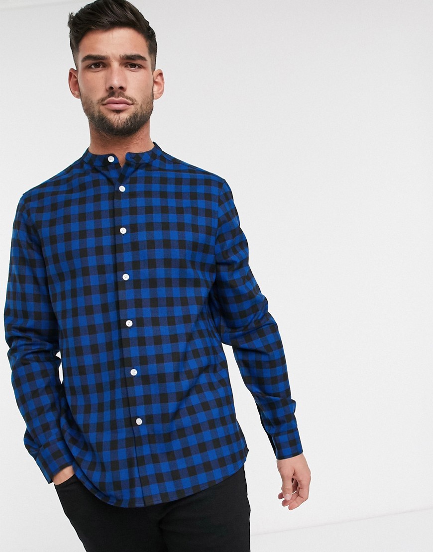 ASOS DESIGN - Geruit regular-fit overhemd zonder kraag in blauw