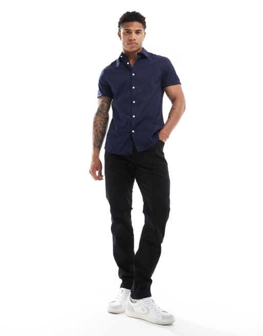 ASOS DESIGN - Geruit slim fit overhemd met stretch in marineblauw, 4 van 4