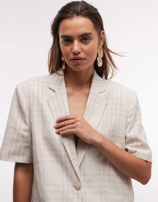 ASOS DESIGN - Geruite blazer met korte mouwen in beige, deel van co-ord set, 3 van 7
