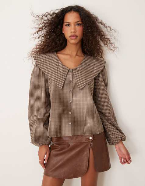 ASOS DESIGN - Geruite blouse met oversized kraag in bruin - view 1