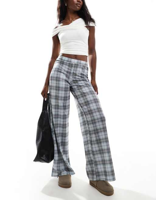 ASOS DESIGN - Geruite broek met wijde pijpen, elastische taille en textuur in blauw