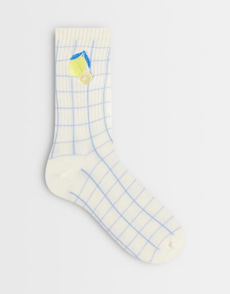ASOS DESIGN - Geruite enkelsokken met citroenborduursel in blauw - view 1