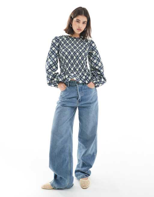 ASOS DESIGN - Geruite, gesmokte top met lange mouwen en rechte hals, 2 van 4