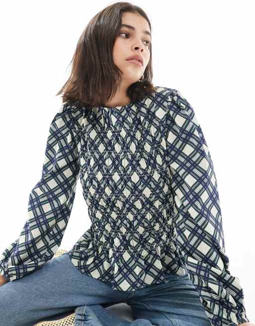 ASOS DESIGN - Geruite, gesmokte top met lange mouwen en rechte hals, 3 van 4
