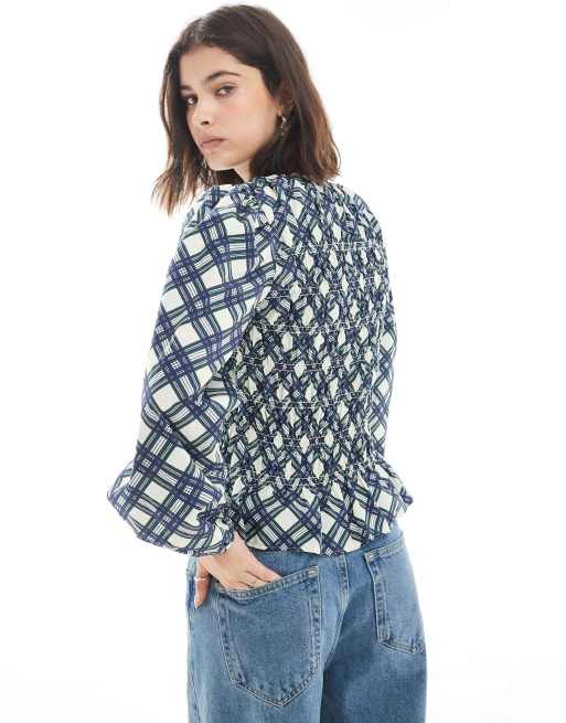 ASOS DESIGN - Geruite, gesmokte top met lange mouwen en rechte hals, 4 van 4