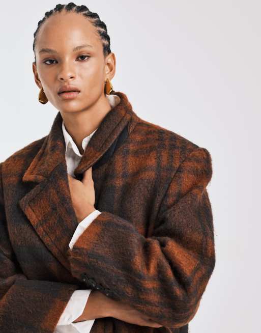 ASOS DESIGN - Geruite jas van premium geborstelde wolmix in bruin en oranje, 4 van 4