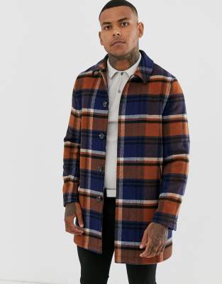 ASOS DESIGN - Orange karierter Trenchcoat aus Wollmischung - Navy