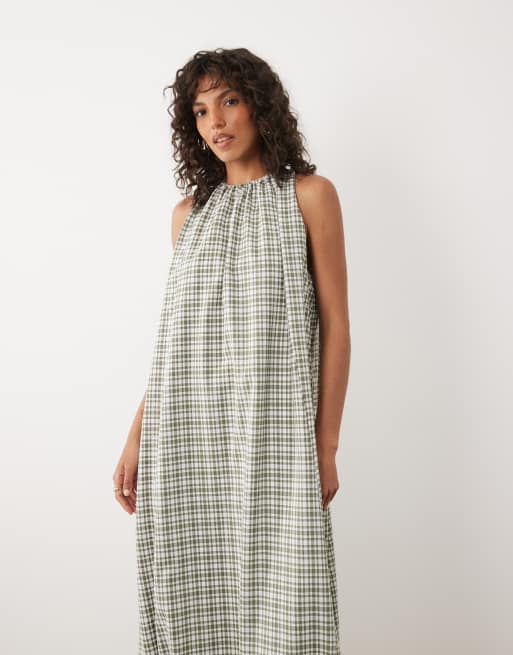 ASOS DESIGN - Geruite maxi jurk met halternek en pofzoom in kaki, 2 van 4