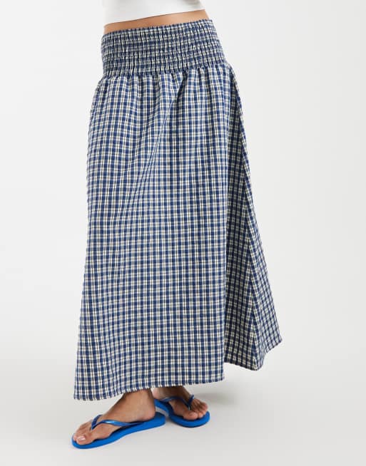 ASOS DESIGN - Geruite maxi rok met gesmokte taille in blauw, deel van co-ord set, 2 van 5