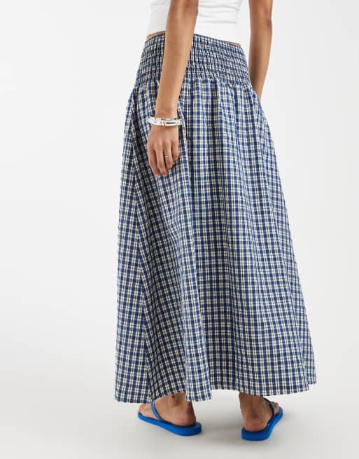 ASOS DESIGN - Geruite maxi rok met gesmokte taille in blauw, deel van co-ord set, 5 van 5