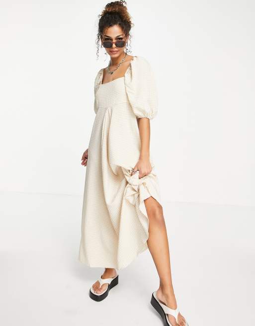 ASOS DESIGN - Geruite maxi trapeze jurk met gingham ruit in beige