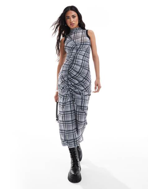 ASOS DESIGN - Geruite midi jurk met gerimpelde voorkant en siernaden in grijs - view 1