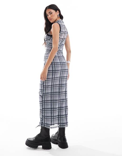 ASOS DESIGN - Geruite midi jurk met gerimpelde voorkant en siernaden in grijs, 4 van 4