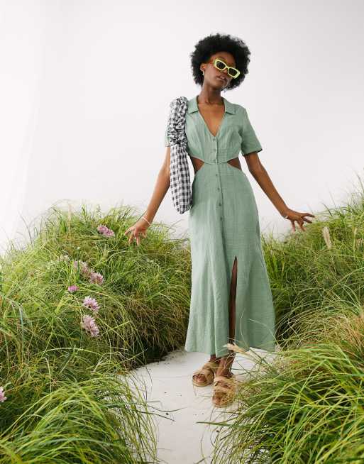 ASOS DESIGN - Geruite midi jurk met knoopsluiting en uitsnijdingen in kaki