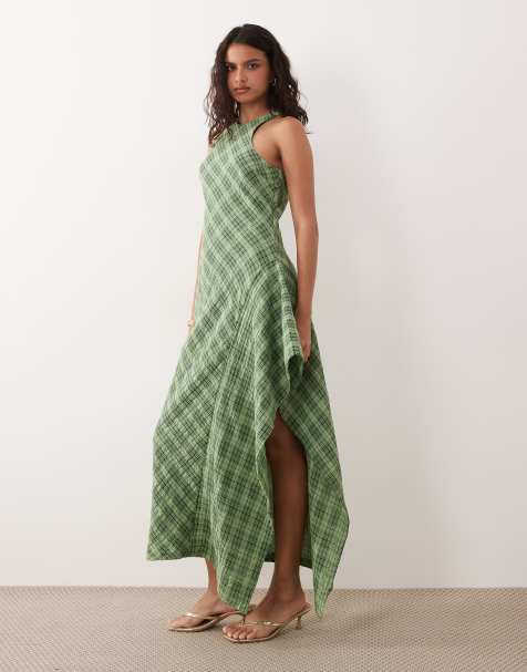ASOS DESIGN - Geruite midi-jurk met racerhals en ruches aan de zijkant in groen - view 1