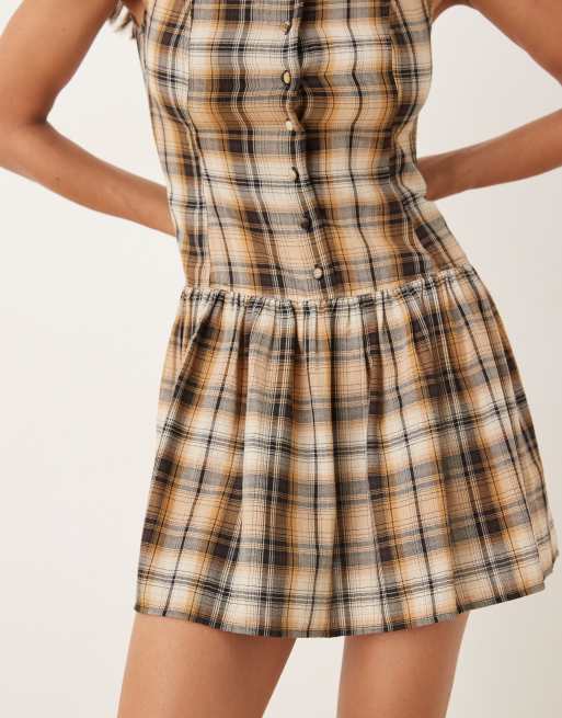 ASOS DESIGN - Geruite mini-jurk met rechte hals, verlaagde taille en knoopsluiting in geel, 4 van 4