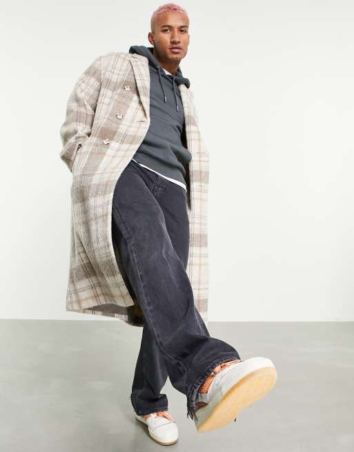 ASOS DESIGN - Geruite oversized overjas met wollook en lange pasvorm in ecru 