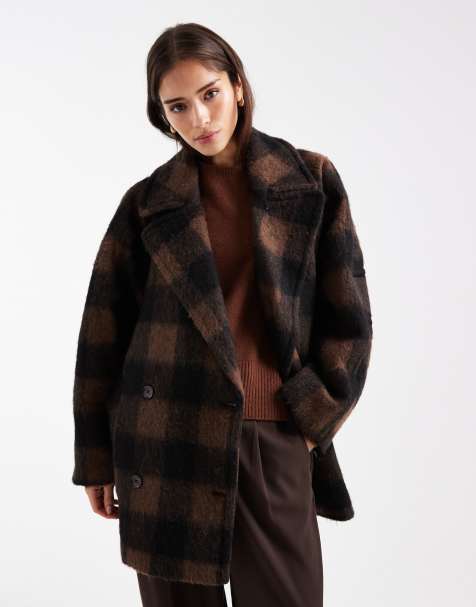 ASOS DESIGN - Geruite pea coat van premium wolmix in zwart en bruin - view 1