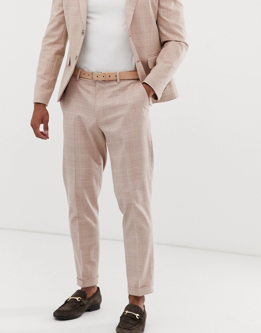 ASOS DESIGN - Geruite skinny cropped pantalons van linnen in gebroken wit-Crème