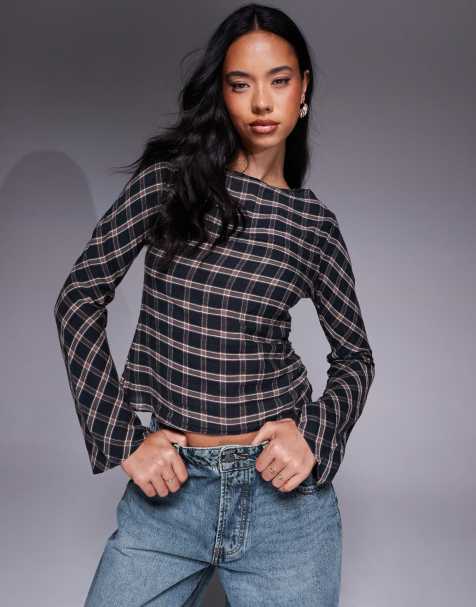 ASOS DESIGN - Geruite top met lange mouwen, rechte hals en rimpeleffect - view 1