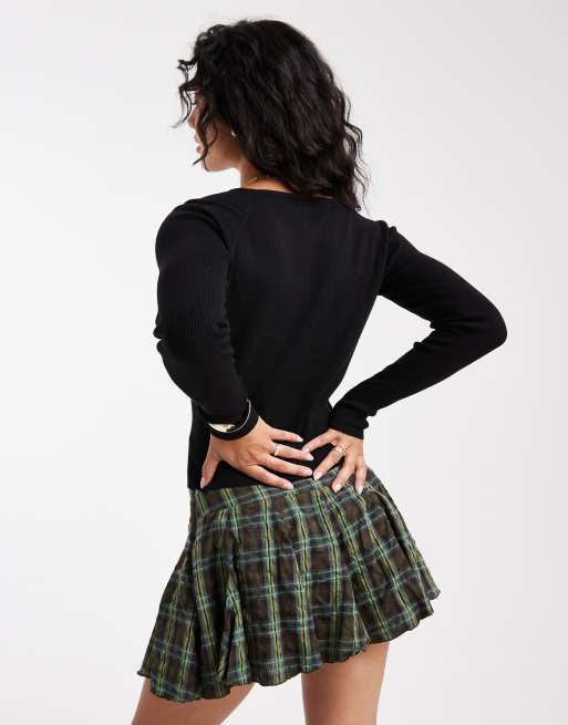 ASOS DESIGN - Geruite volumineuze minirok met verlaagde taille in olijfgroen, 2 van 5