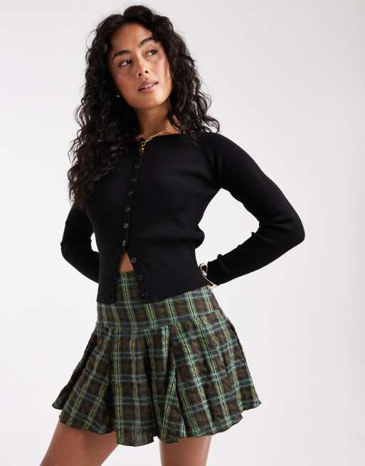 ASOS DESIGN - Geruite volumineuze minirok met verlaagde taille in olijfgroen, 4 van 5