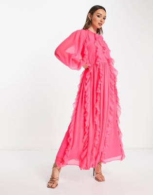 ASOS DESIGN - Gerüschtes, hochgeschlossenes Maxikleid in Neonrosa