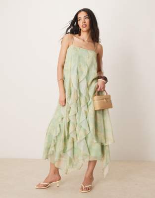 ASOS DESIGN - Gerüschtes Maxikleid in Salbeigrün mit Blumenprint und Bindeträgern-Bunt
