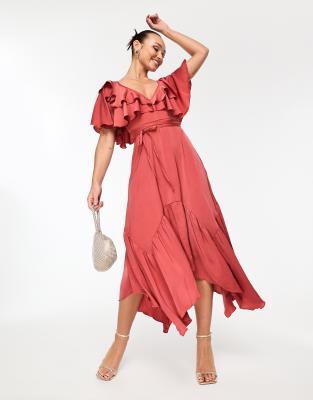 ASOS DESIGN - Gerüschtes Midikleid aus gewaschenem Satin in Rose mit V-Ausschnitt vorne und am Rücken-Rosa