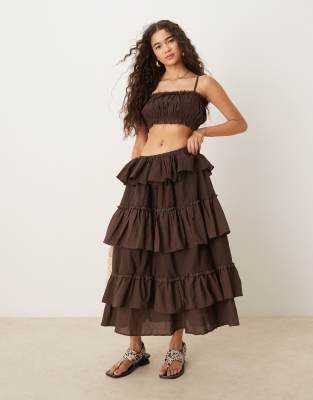 ASOS DESIGN - Gerüschtes Western-Oberteil in Cropped-Passform in Schokobraun aus Baumwolle, Kombiteil