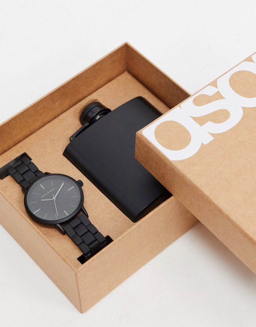 ASOS DESIGN - Geschenkset met horloge en heupfles in zwart