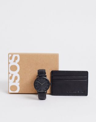 ASOS DESIGN - Geschenkset met horloge en kaarthouder van leer in zwart