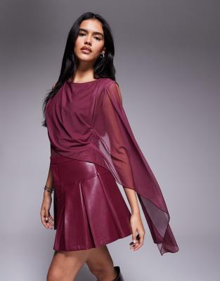 ASOS DESIGN - Geschmeidiger Body in Burgunderrot mit Cape-Detail aus Netzstoff
