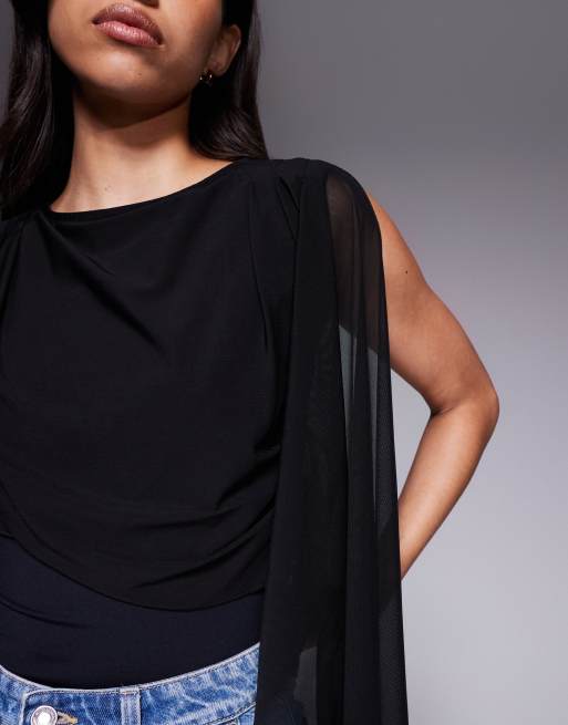 ASOS DESIGN – Geschmeidiger Body in Schwarz mit Cape-Detail aus Netzstoff, 3 von 4