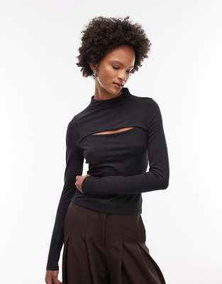 ASOS DESIGN - Geschmeidiges, langärmliges Oberteil in Schwarz mit Zierausschnitt