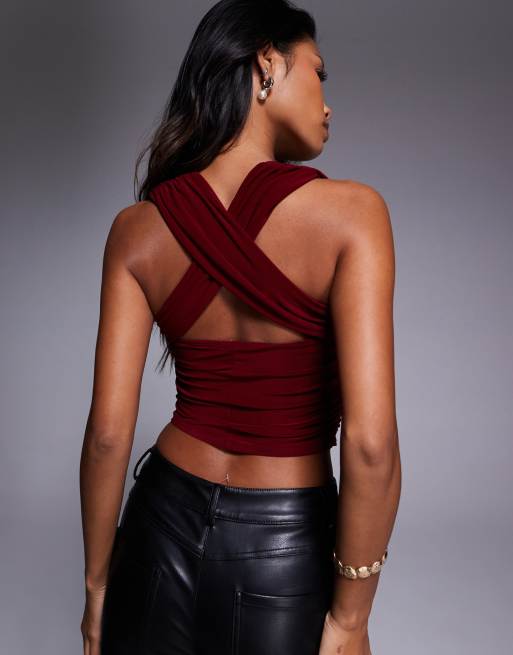 ASOS DESIGN – Geschmeidiges Neckholder-Oberteil in Burgunderrot mit gerafftem Dekolleté, 4 von 4