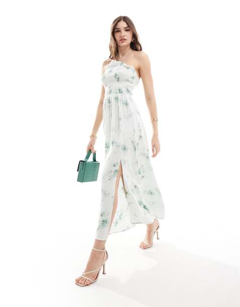 ASOS DESIGN - Gesmockte maxi jurk met halternek in mintgroen met bloemenprint - view 1