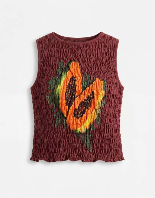 ASOS DESIGN - Gesmokt hemdje met papaya-print in bruin, 5 van 7