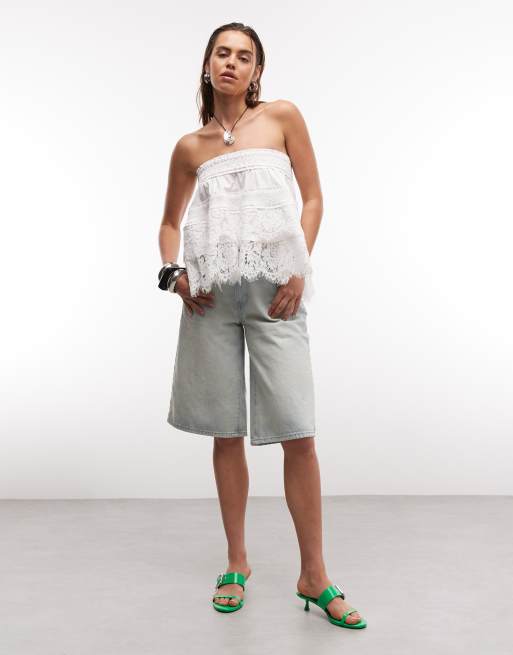 ASOS DESIGN - Gesmokte bandeau-top met kanten zoom in wit, 2 van 7