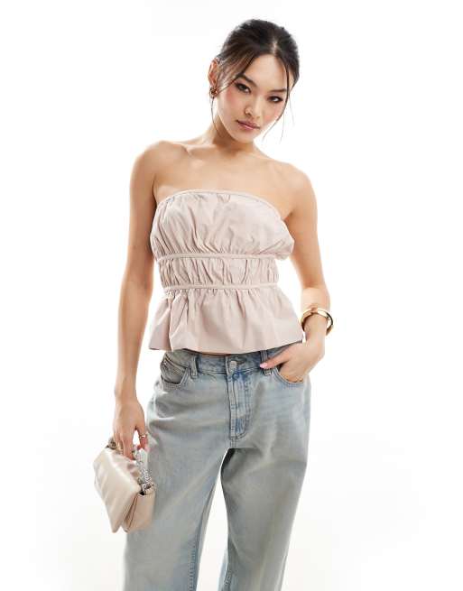 ASOS DESIGN - Gesmokte bandeau-top met pofzoom en gestrikte achterkant in stone