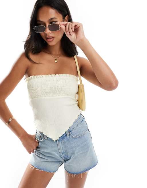 ASOS DESIGN - Gesmokte bandeau-top met zakdoekzoom in ecru