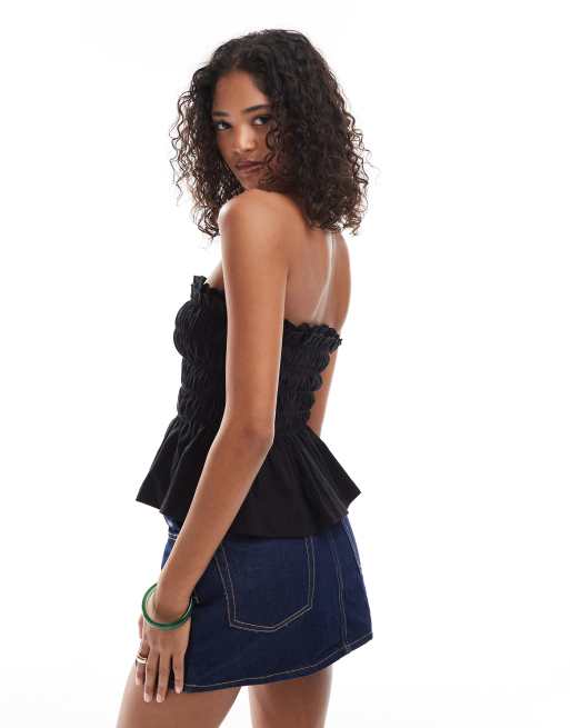 ASOS DESIGN - Gesmokte bandeautop met broderie afwerking in zwart, 3 van 4