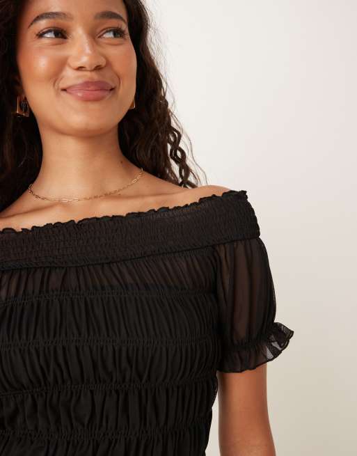 ASOS DESIGN - Gesmokte bardot-top met korte mouwen in zwart, 3 van 4