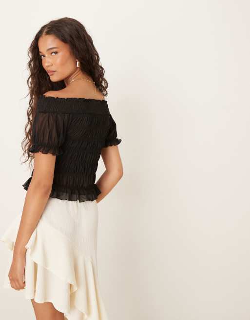 ASOS DESIGN - Gesmokte bardot-top met korte mouwen in zwart, 4 van 4