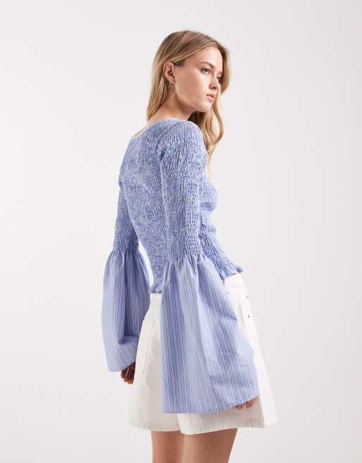 ASOS DESIGN - Gesmokte blouse met pofmouwen en strepen in blauw, 4 van 4
