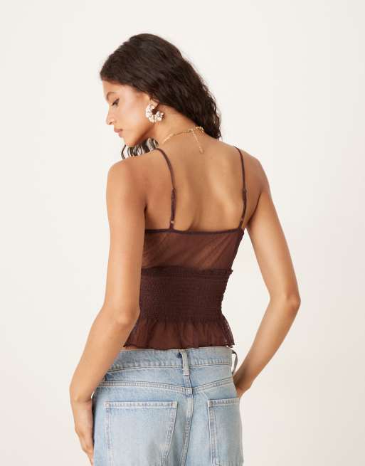 ASOS DESIGN - Gesmokte camitop van dobbystof met peplum in bruin, 2 van 4