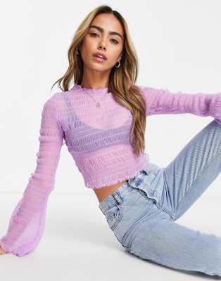 Haven Dictatuur Vorige ASOS DESIGN - Gesmokte crop top van mesh met lange mouwen in lila | ASOS